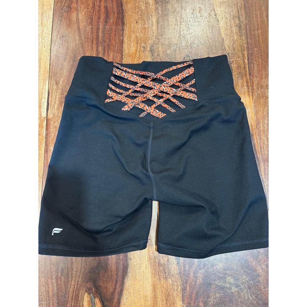 Fabletics powerhold biker shorts high waist black leopard lattice back sz XS/S
